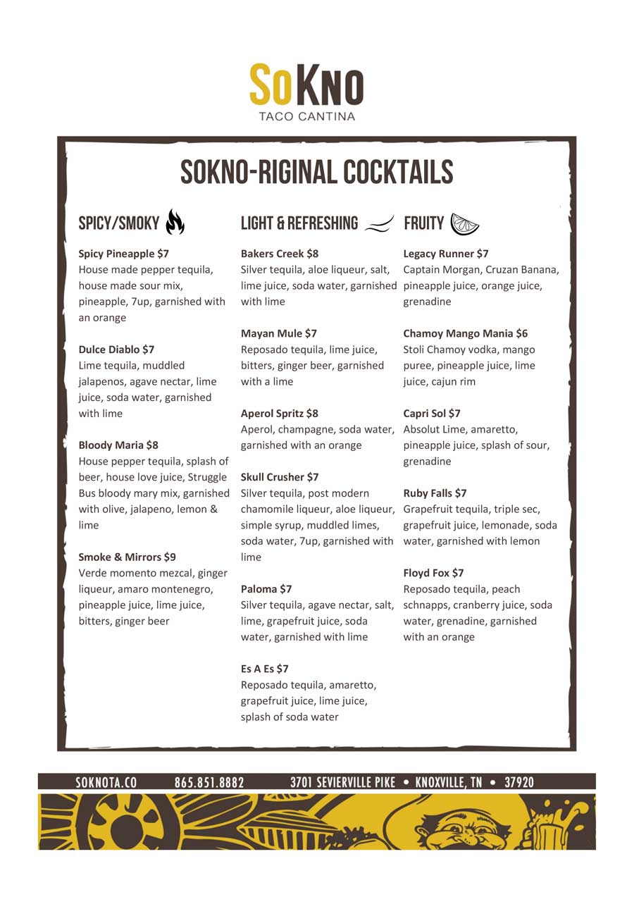 SoKno Cocktail Menu April 2025