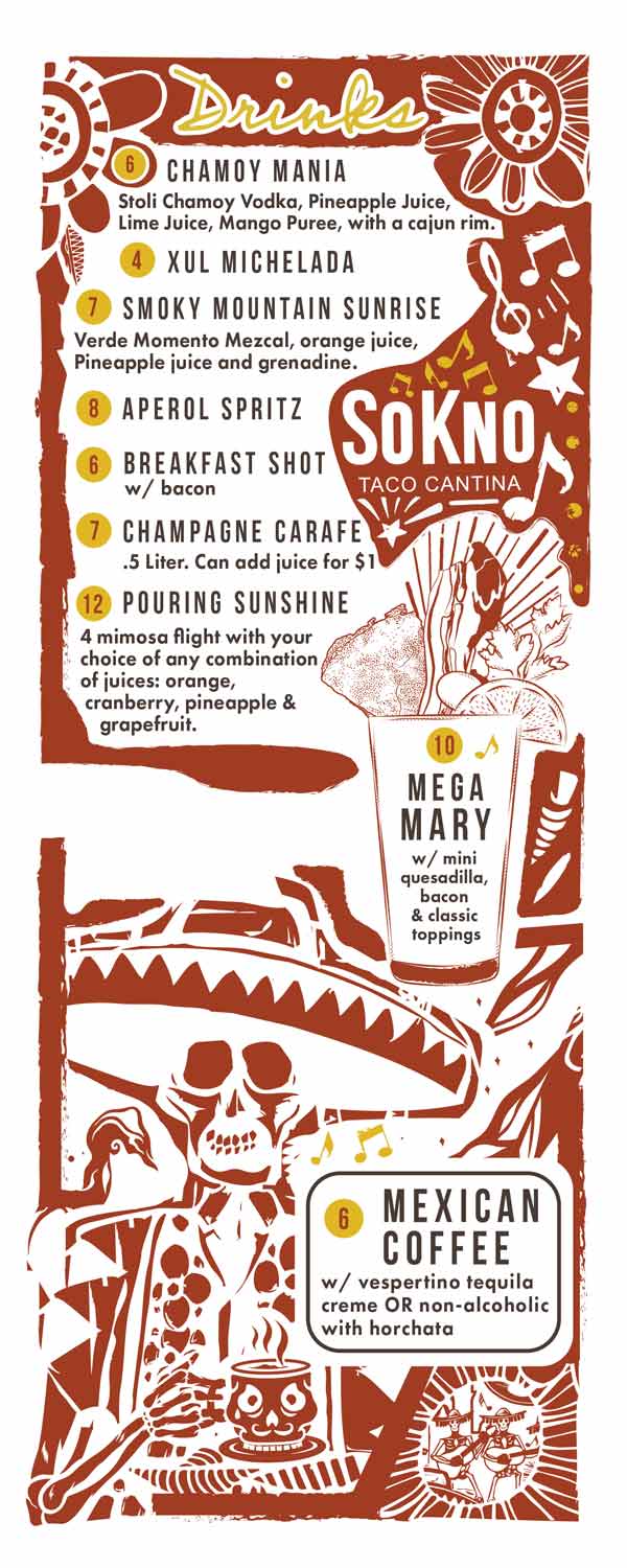 Brunch Drinks and more menu SoKno Taco Cantina April 2025