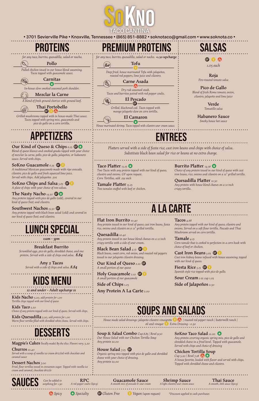 SoKno Taco Cantina Food Menu April 2025