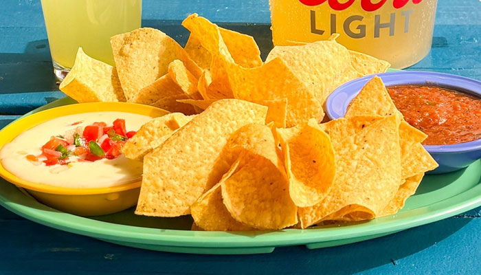 Chips, salsa and queso from Sokno Cantina